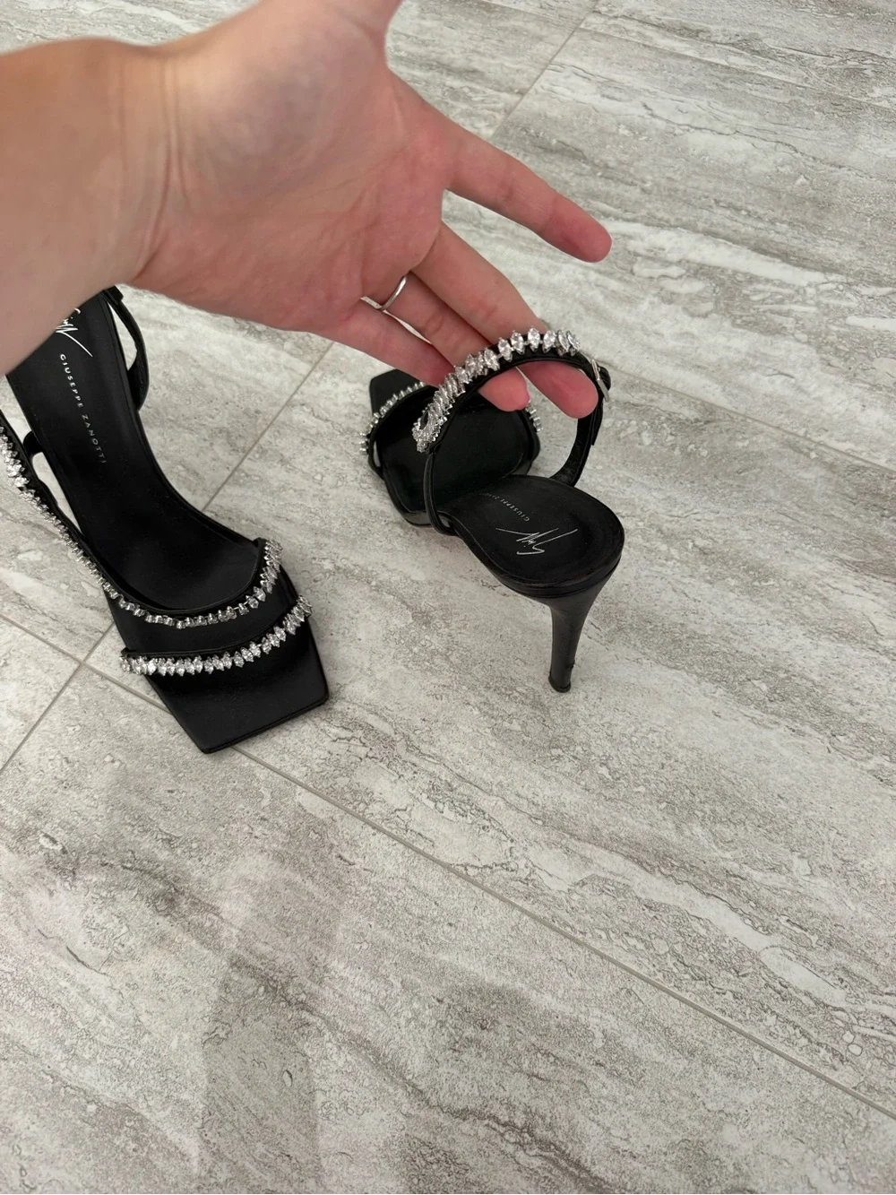 Giuseppe Zanotti Black Crystal-Trim Square Toe Slingback Heels